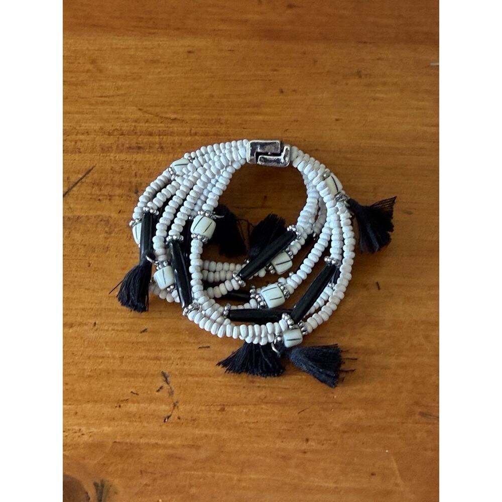 Boho Jewelry Set Neutral Beaded Necklace Bracelet Tassel Bundle Black White - Picture 6 of 16